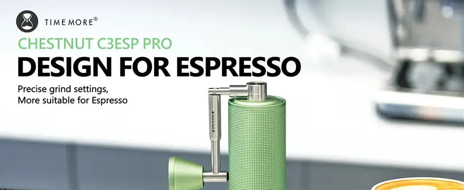 TIMEMORE Chestnut C3ESP PRO Manual Coffee Grinder with 25g capacity, all-metal body and steel burrs, shown with coffee beans and brewed espresso.