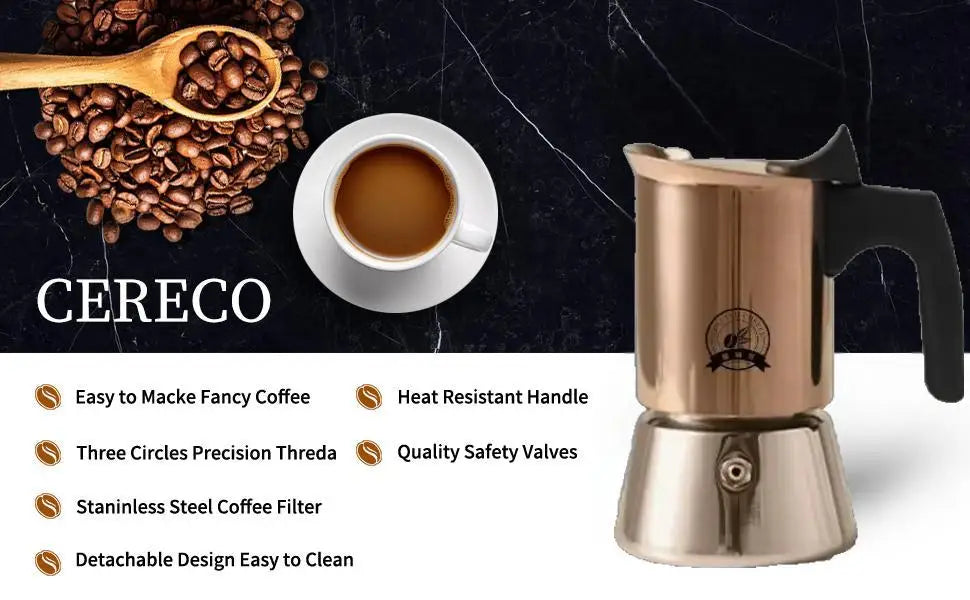 Gold Plated 6 Cup Moka Pot - Stainless Steel Italian Stovetop Espresso Maker, Dual Capacity 4-6 Cups, Induction Ready