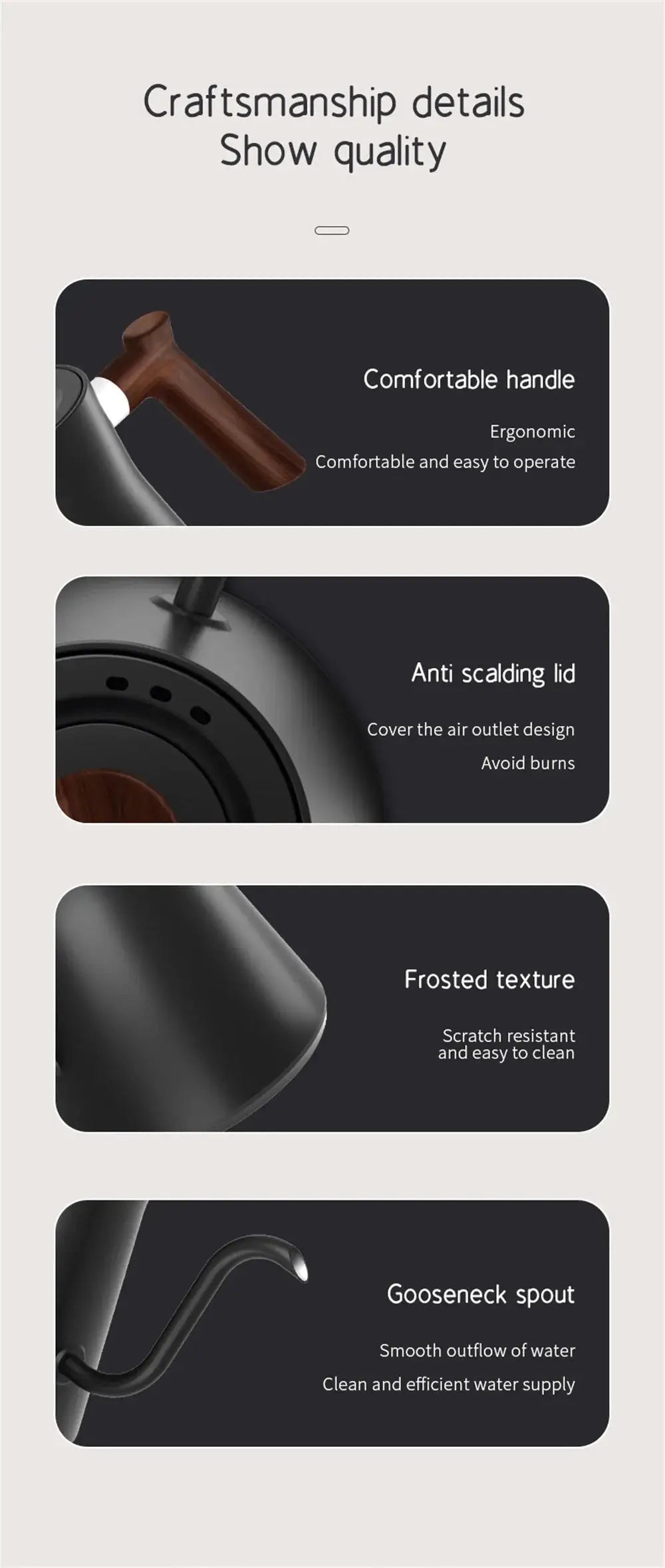 Electric kettle for travel with a sleek black gooseneck design, featuring a wooden handle and digital temperature control. Ideal for precise coffee and tea brewing.