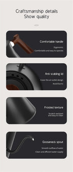 Electric kettle for travel with a sleek black gooseneck design, featuring a wooden handle and digital temperature control. Ideal for precise coffee and tea brewing.