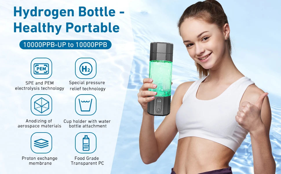Woman holding a hydrogen bottle with features highlighted on a blue background