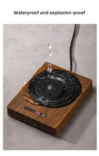 100°C Cup Heater Mug Warmer with automatic power-off, shown warming tea in a glass teapot on a wooden heating pad, ideal for hot beverages.