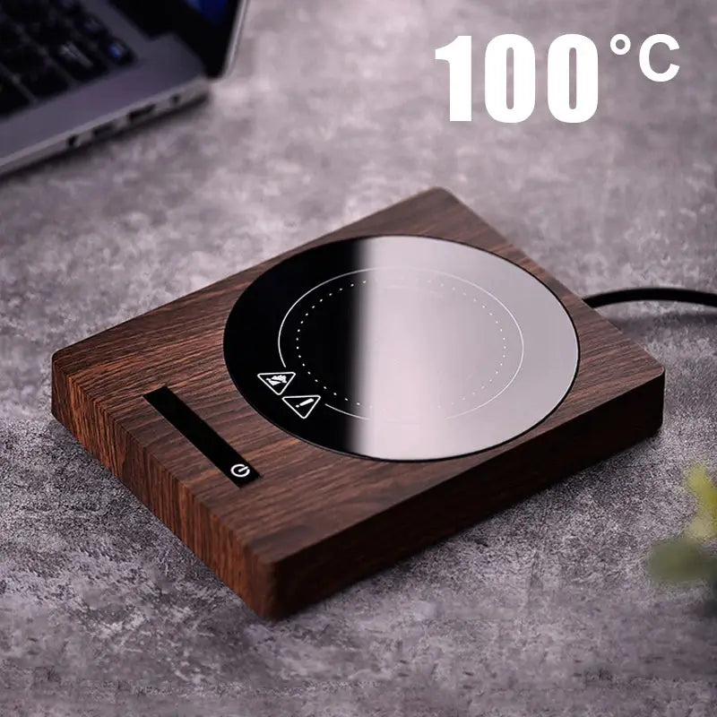100°C cup heater mug warmer with wood grain finish and digital touch controls, ideal for heating coffee, tea, or milk at 5 temperature levels.