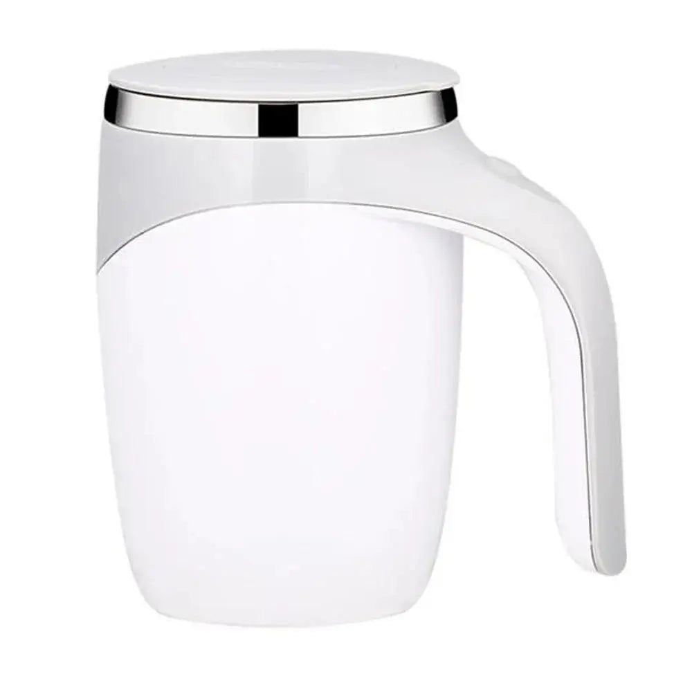 Automatic stirring cup with stainless steel interior mixing coffee. Portable and rechargeable, ideal for home and travel use.