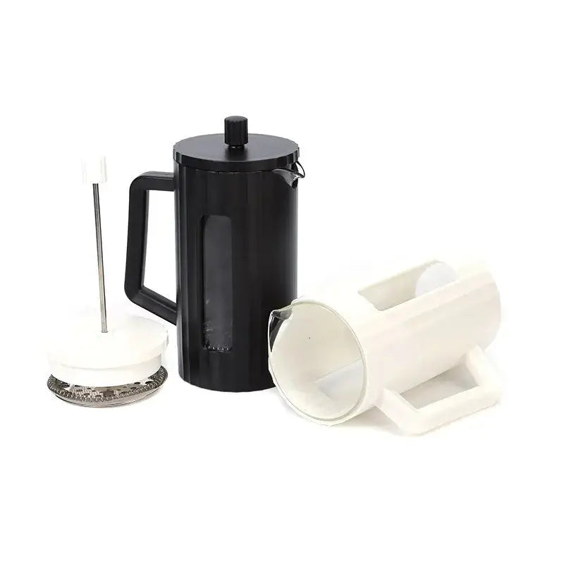 Disassembled French Press Coffee Maker showing heat-resistant glass, plunger, and filter. Perfect for smooth, grit-free coffee brewing.