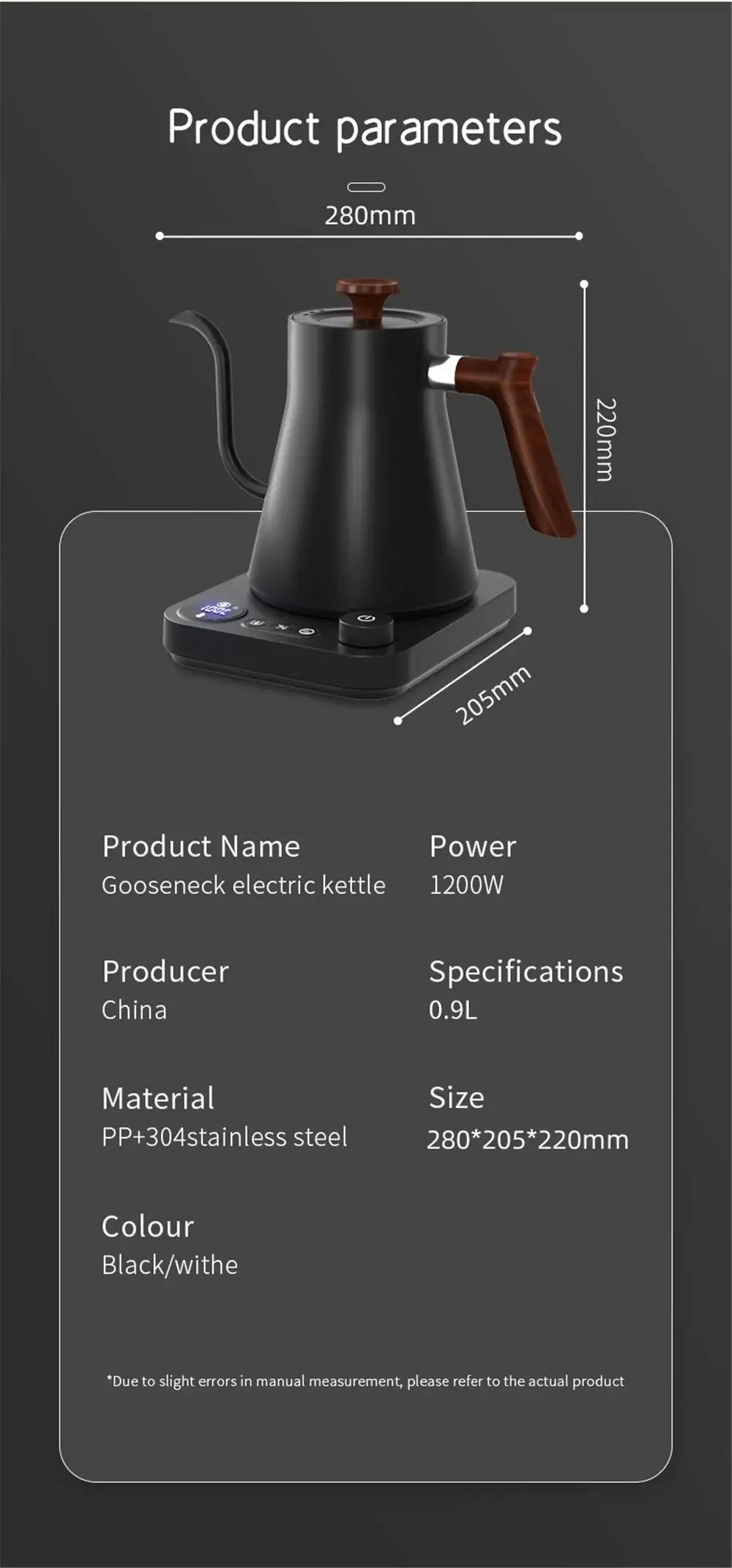 Portable gooseneck electric kettle with NTC chip temperature control, memory function, and automatic power-off for dry burning prevention.