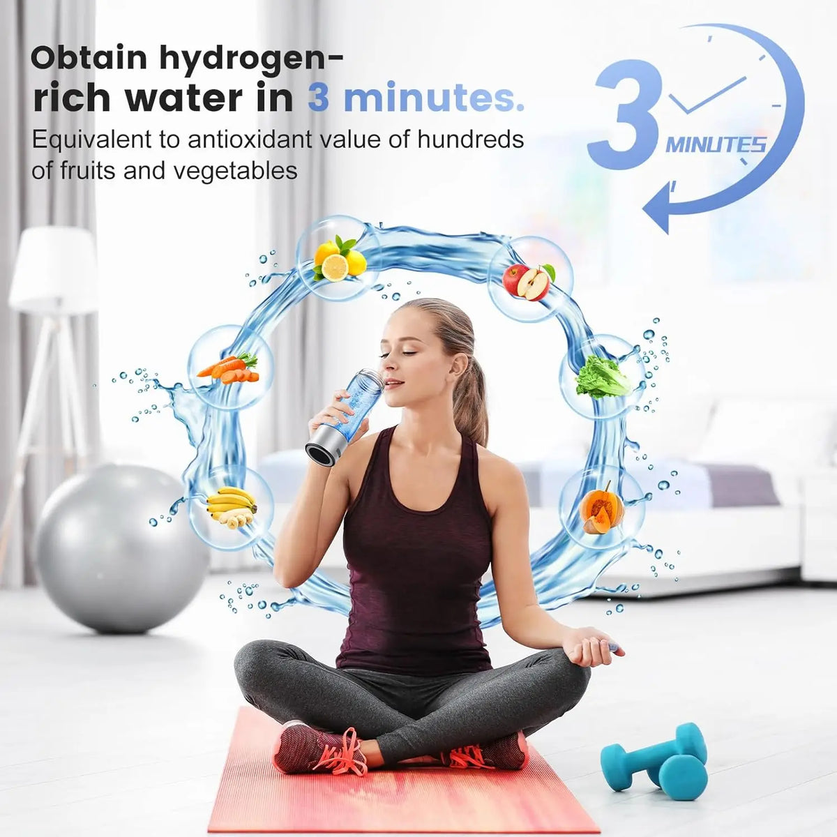 Woman sitting on a yoga mat, holding a stainless steel portable hydrogen water generator in a sleek design, wearing a dark tank top and leggings.