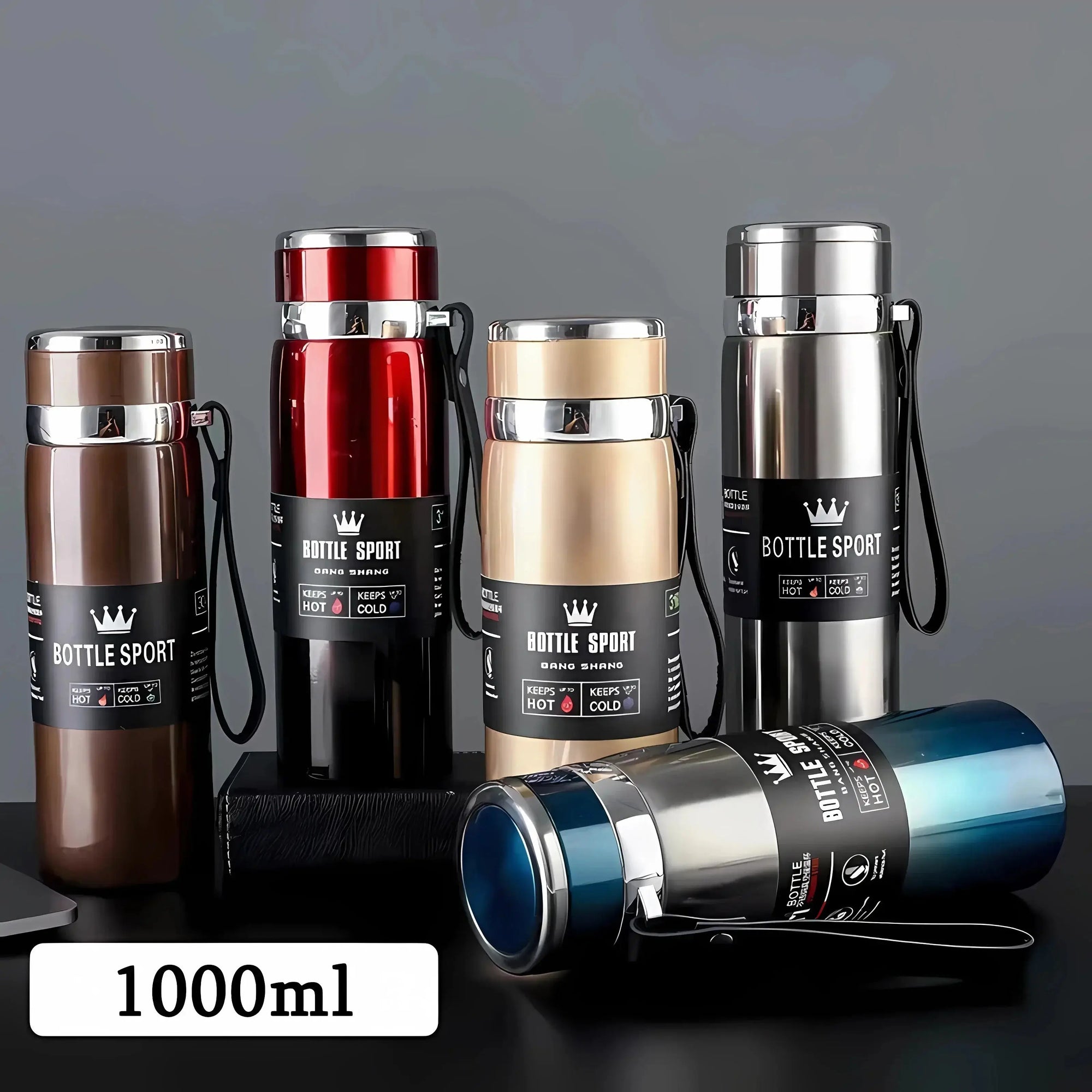 Thermal water bottle with double-walled stainless steel design, keeps drinks hot for 12 hours and cold for 24 hours. Leak-proof and eco-friendly, ideal for travel and sports.