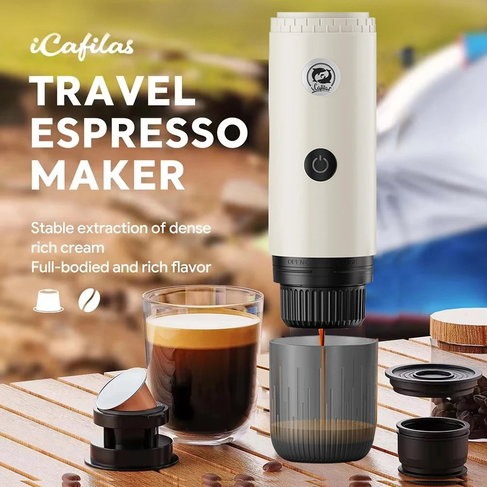 Portable 2 in 1 espresso maker for car and camping with USB charging, battery power, and capsule or ground coffee use