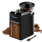 KIRAINAFLY electric flat burr coffee grinder with 28 grind settings, cup selector, black ABS housing, and bean hopper
