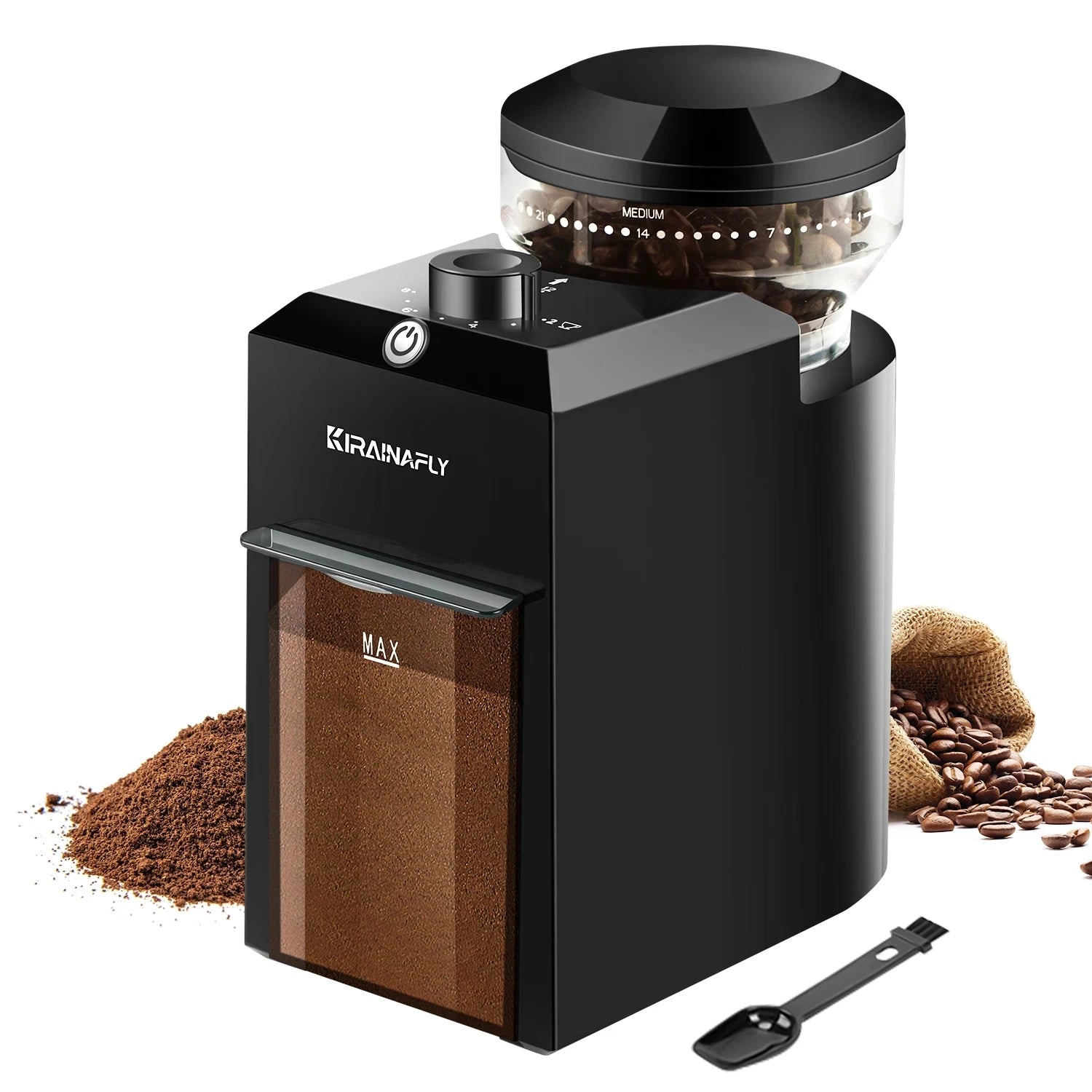 KIRAINAFLY electric flat burr coffee grinder with 28 grind settings, cup selector, black ABS housing, and bean hopper