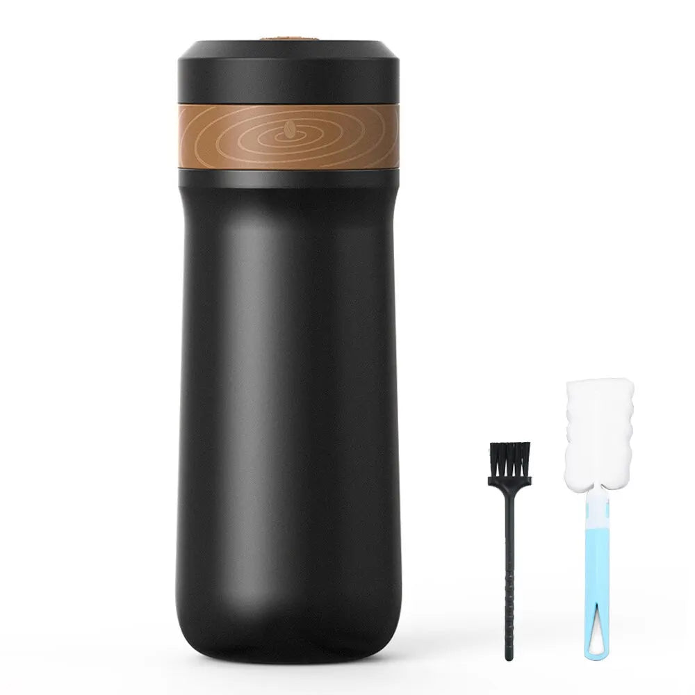 320ml stainless steel French press travel mug with double-wall body, plunger lid, and double mesh filter in black