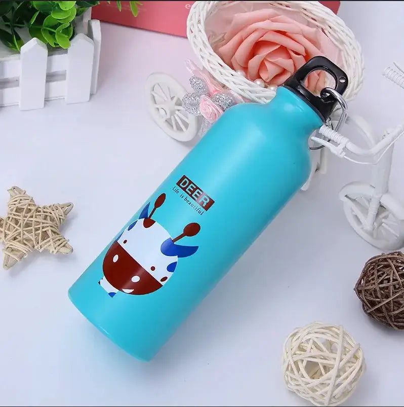 Blue water bottle with cartoon design on a decorative background