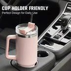 Pink insulated mug with handle and straw in a car cup holder, with text 'Cup Holder Friendly' and 'Perfect Design for Daily Use'.