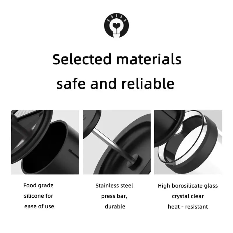 TIMEMORE French press coffee press in black and white, 450ml capacity with high density stainless steel mesh and heat resistant glass design.