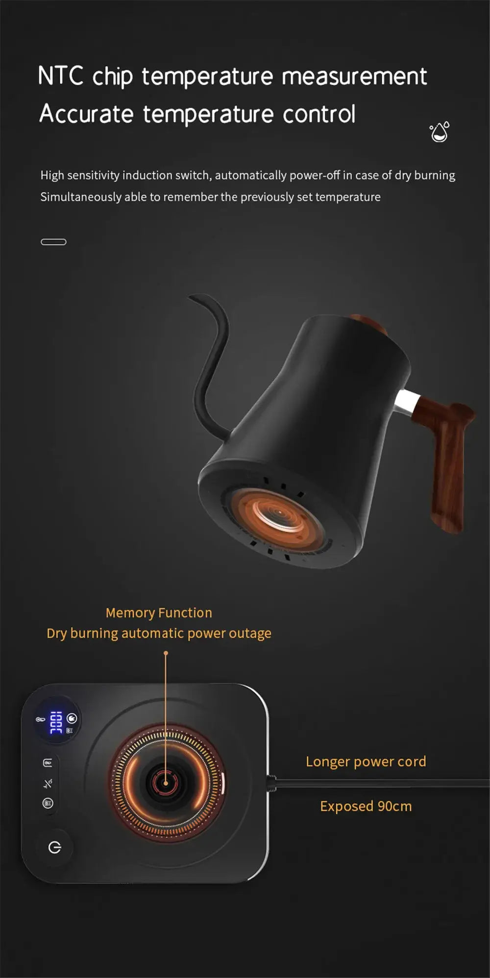 Portable gooseneck electric kettle with NTC chip temperature control, memory function, and automatic power-off for dry burning prevention.