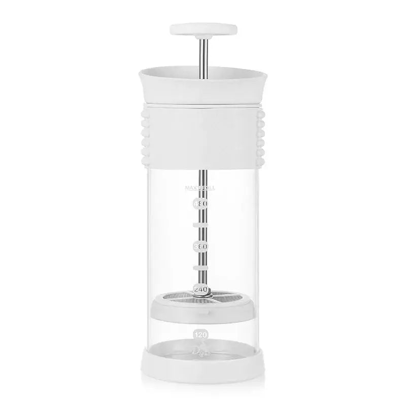 White French press coffee maker on a white background