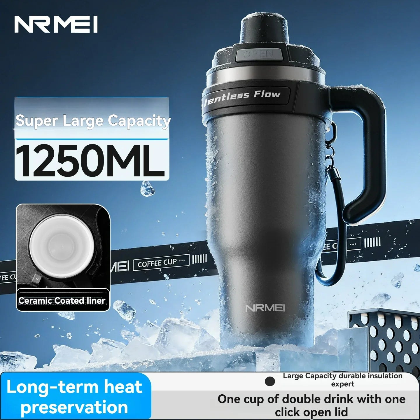 Ceramic lined insulated tumbler with handle, straw, and 316 stainless steel vacuum flask body