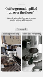 Comparison of a coffee machine with and without a powder ring to prevent coffee grounds from spilling.