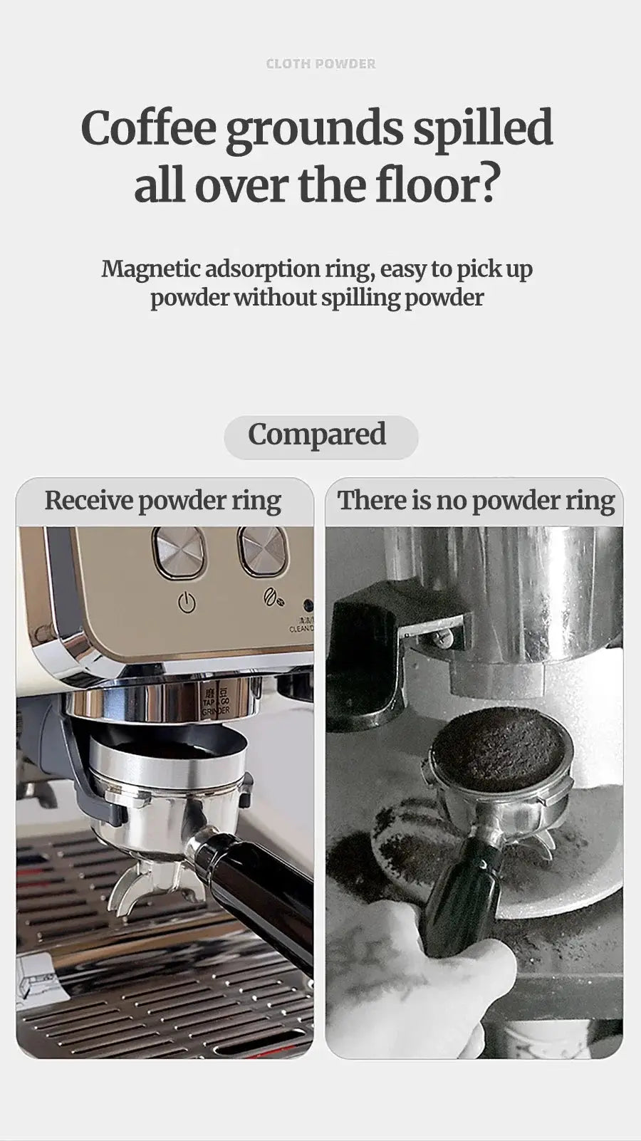 Comparison of a coffee machine with and without a powder ring to prevent coffee grounds from spilling.