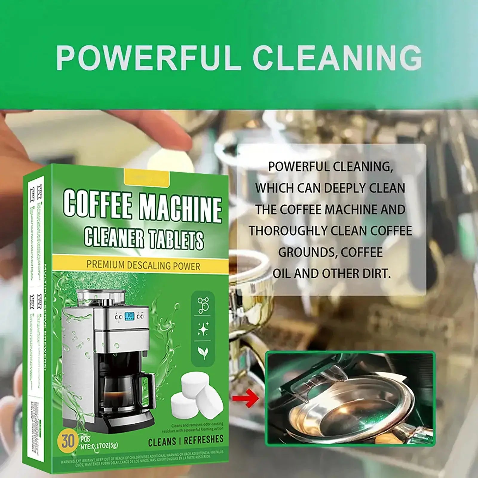 Box of coffee machine cleaner tablets with text about powerful cleaning capabilities.