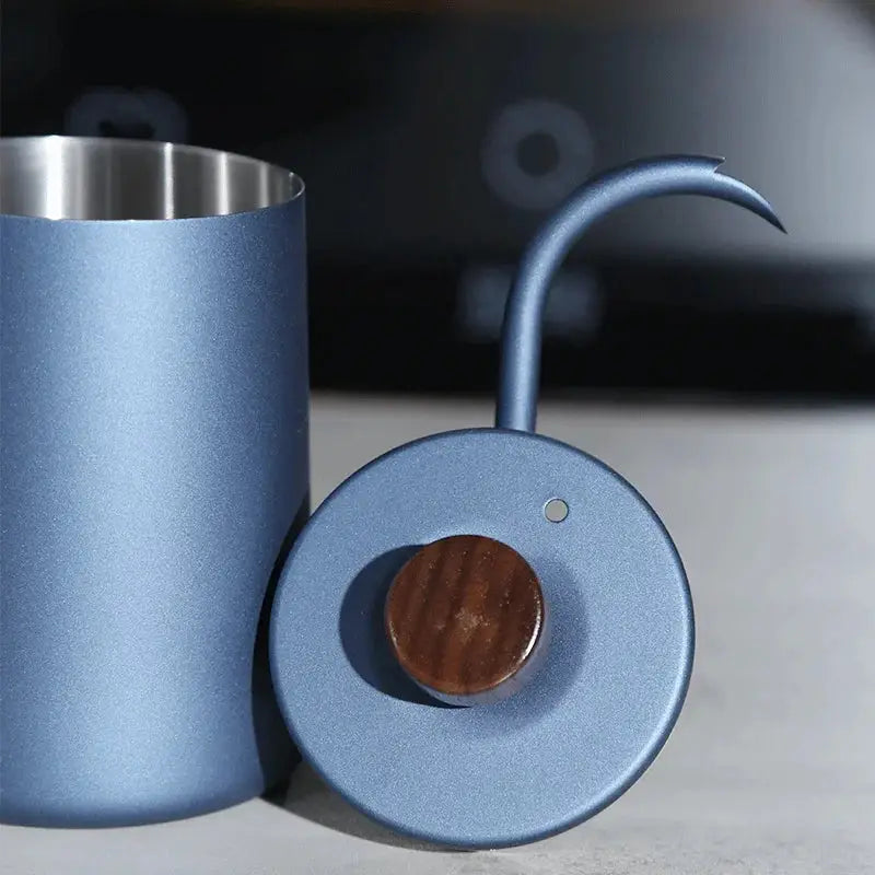 Stainless Steel 600ml Long Gooseneck Spout Barista Espresso Coffee Maker in matte blue with wooden knob lid, ideal for precise pour-over brewing.