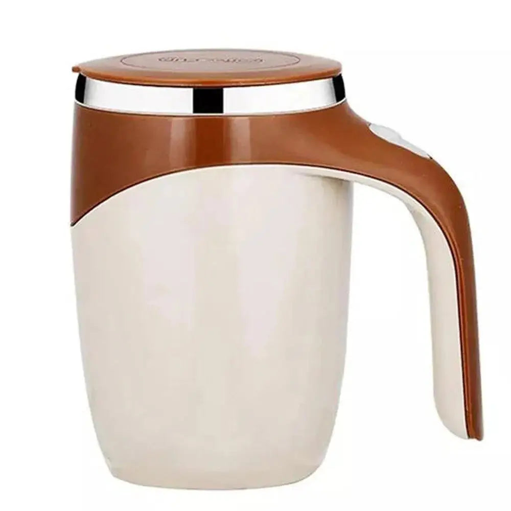 Automatic stirring cup with a stainless steel body and brown handle. Portable and rechargeable, ideal for mixing coffee and milkshakes at home or while traveling.
