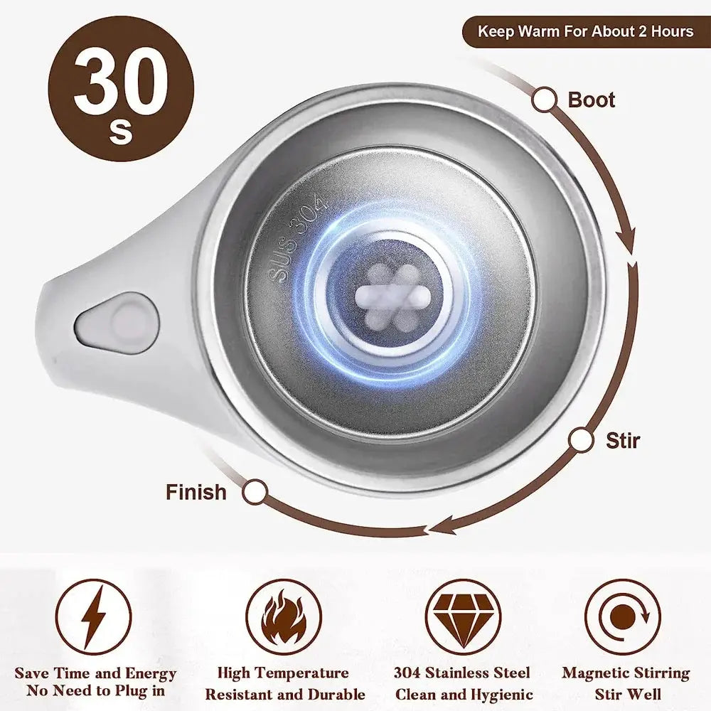 Automatic stirring cup with stainless steel interior and magnetic stirring mechanism. Portable, rechargeable, and ideal for home or travel use.