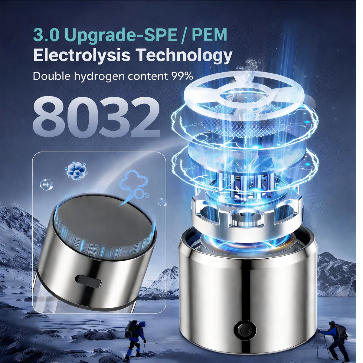 Portable hydrogen water generator with stainless steel base, showcasing advanced electrolysis technology and LED indicators.