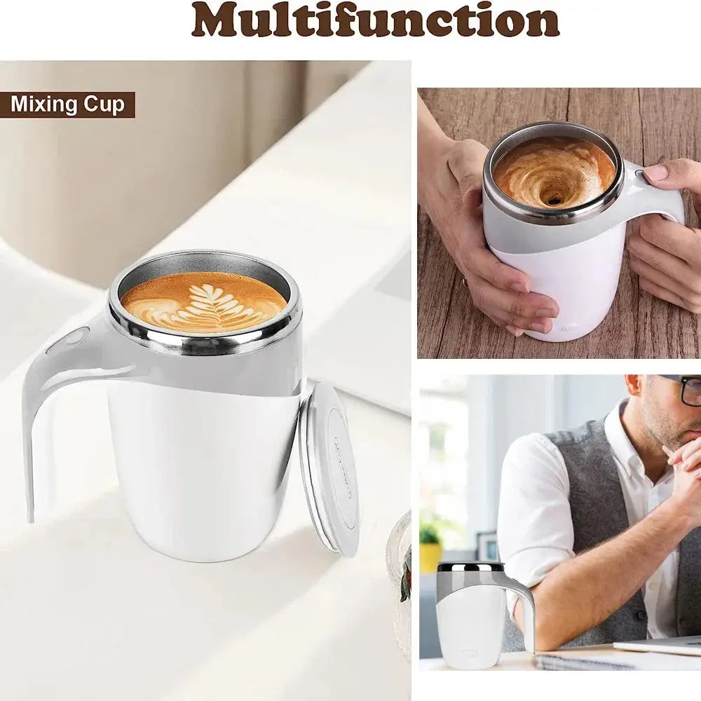 Automatic stirring cup with stainless steel interior and magnetic stirring mechanism. Portable, rechargeable, and ideal for home or travel use.