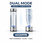 Portable hydrogen water generator bottle with a clear glass body and stainless steel base, showcasing dual-mode usage.