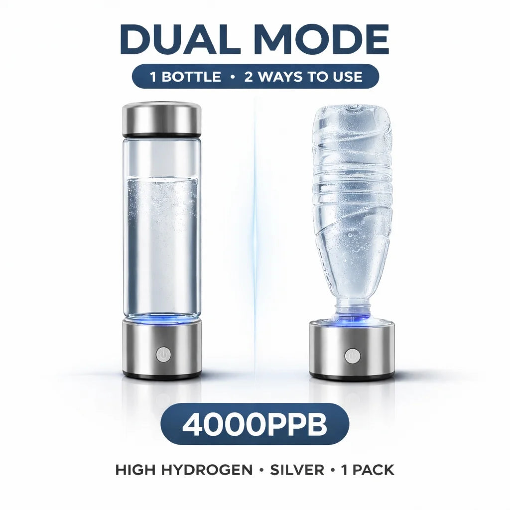 Portable hydrogen water generator bottle with a clear glass body and stainless steel base, showcasing dual-mode usage.