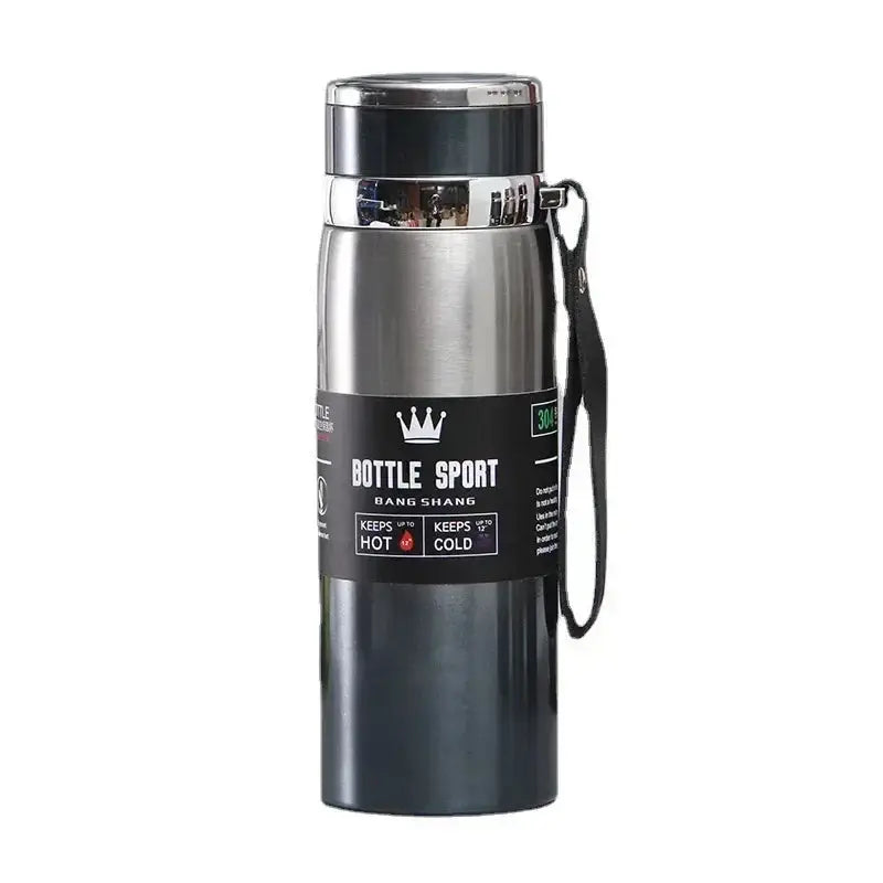 Thermal water bottle with stainless steel double-walled insulation. Keeps drinks hot for 12 hours and cold for 24 hours, featuring a leak-proof design with a secure lid and carrying strap.