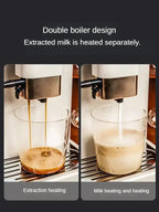 Double boiler design for coffee and milk extraction with text on a dark background.