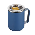 Blue insulated mug with a silver lid on a white background