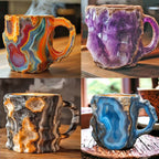 Collage of four agate-style mugs with colorful patterns on a wooden surface.