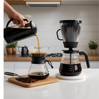 Person pouring coffee from a carafe into a glass coffee maker on a kitchen counter.