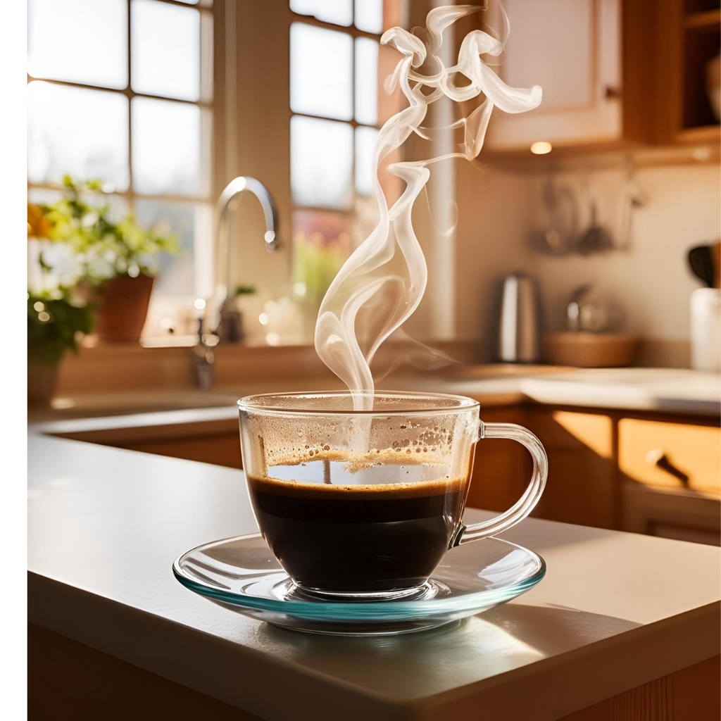 Steaming coffee cup on a kitchen counter with a blurred background
