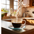 Steaming coffee cup on a kitchen counter with a blurred background