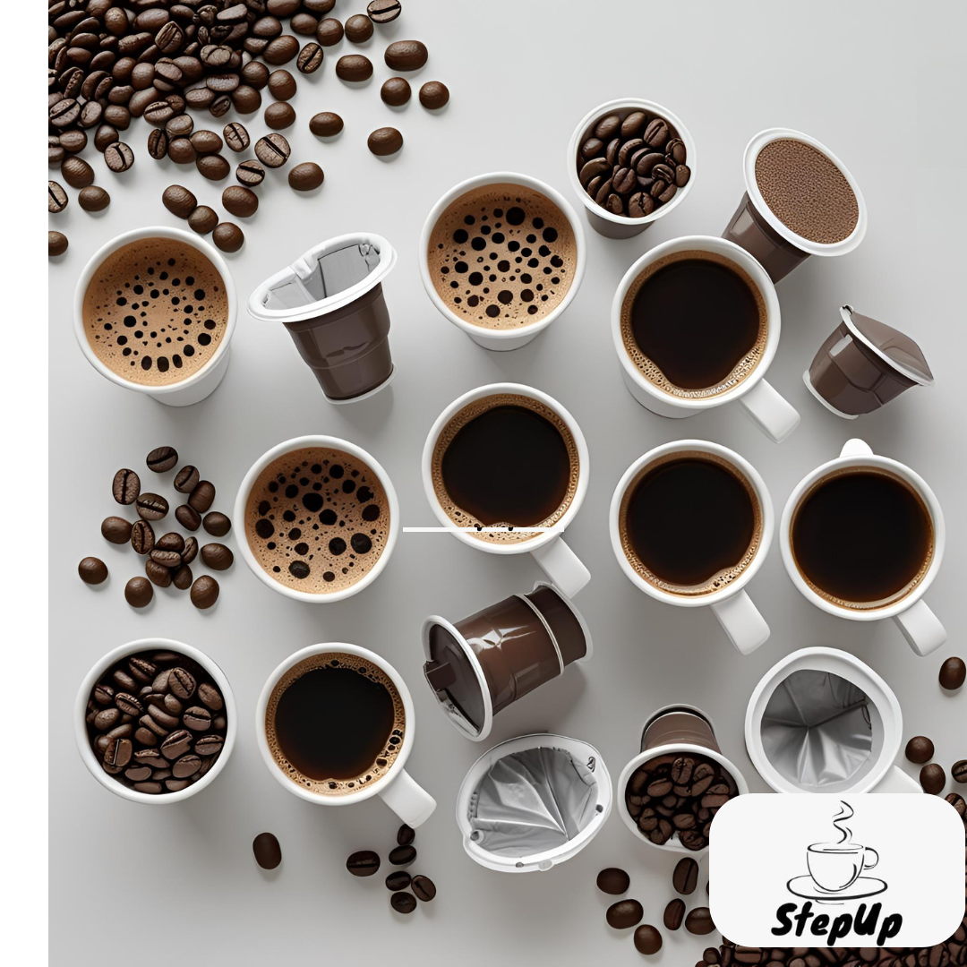 Various coffee cups and beans on a light gray background with 'StepUp' logo.