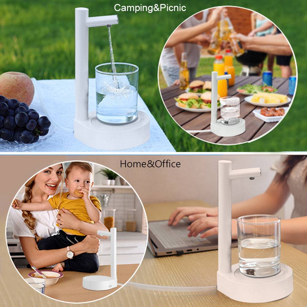 Automatic water bottle dispenser with rechargeable USB feature, dispensing water into a glass. Portable and ideal for home or outdoor use.