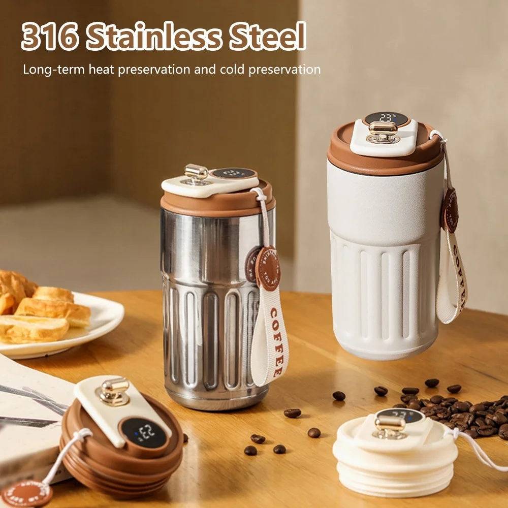 Smart digital thermal bottle with temperature display, 450ml stainless steel coffee mug. Features a stylish design with a secure lid for hot and cold drinks.