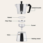 RAINBEAN Stovetop Espresso Maker - 3 Cups, 180ml Italian Moka Pot with labeled parts including antiskid handle, gasket, filter plate, funnel, valve, and heating vessel. Ideal for brewing rich espresso at home.