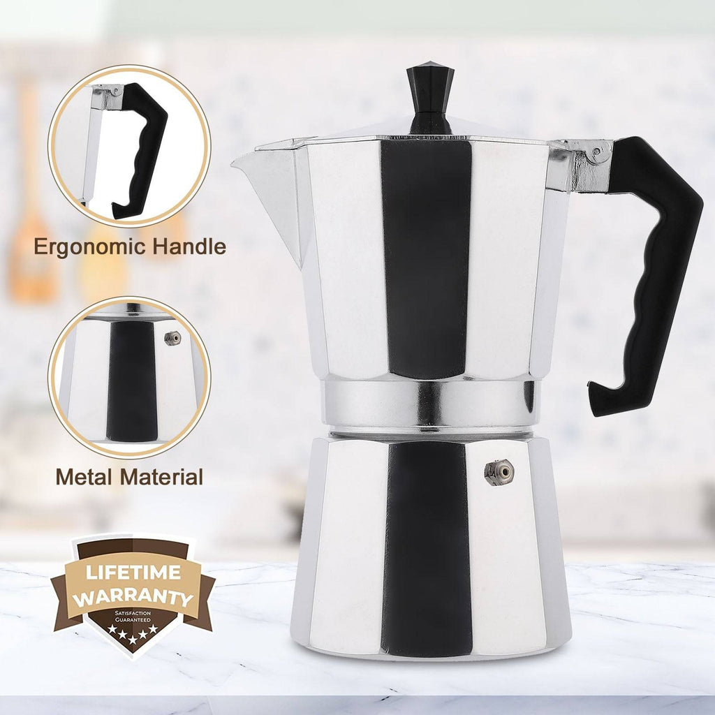 RAINBEAN Stovetop Espresso Maker - 3 Cups, 180ml Italian Moka Pot with labeled parts including antiskid handle, gasket, filter plate, funnel, valve, and heating vessel. Ideal for brewing rich espresso at home.