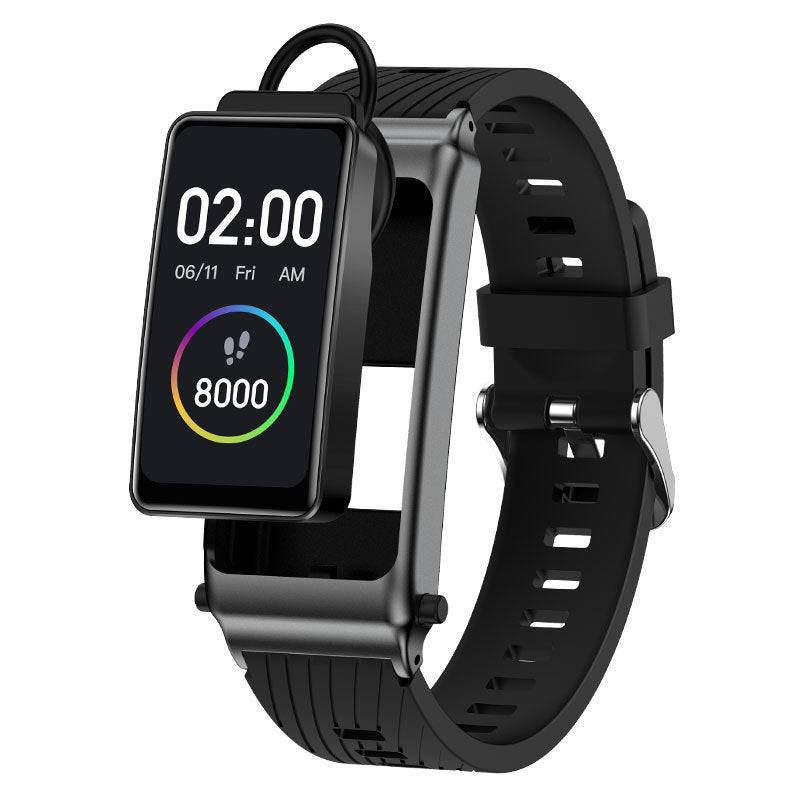 Smart Blood Glucose Watch with non-invasive monitoring, stylish black leather band, and detachable display. Features heart rate tracking and NFC support.