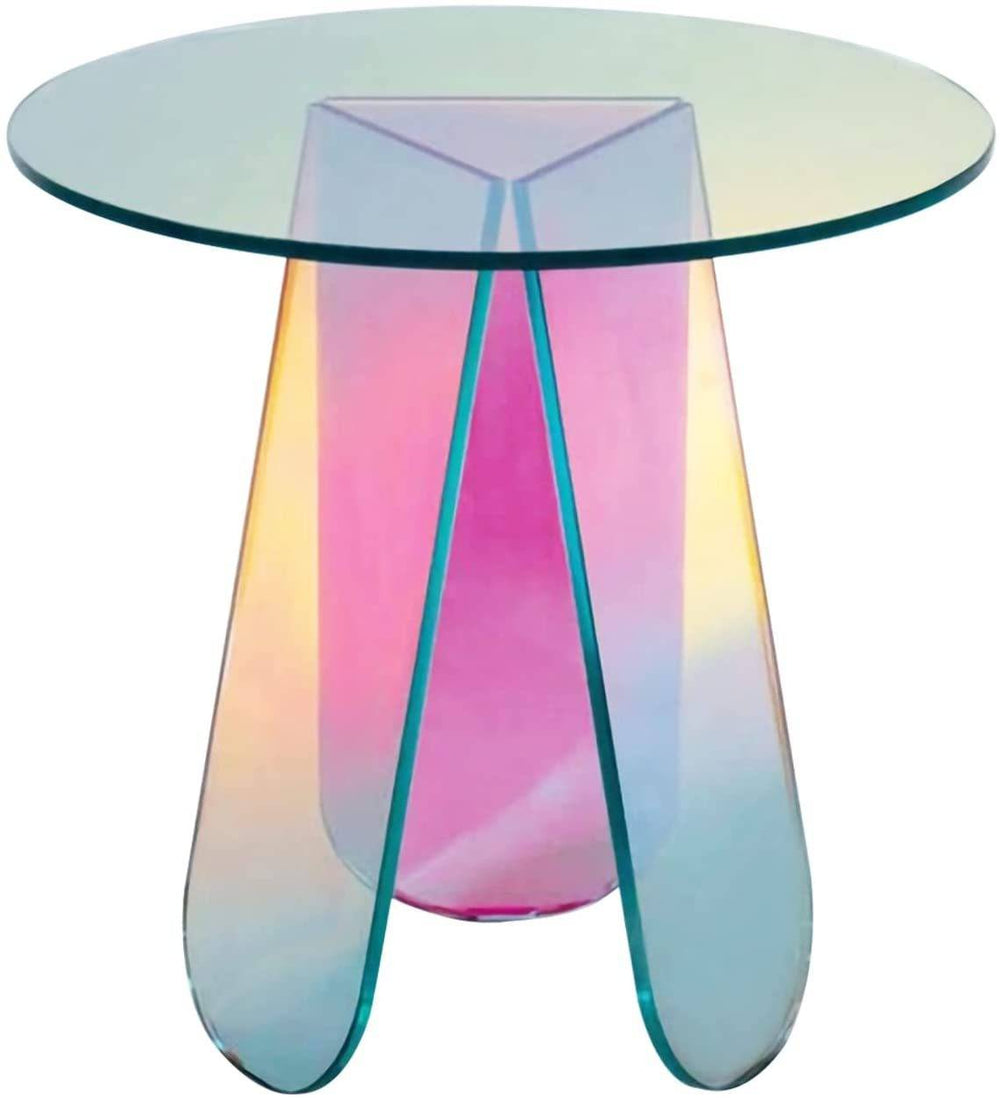 Acrylic rainbow color coffee table with an iridescent round glass top and modern accent design. Perfect as a stylish side or end table for living spaces.