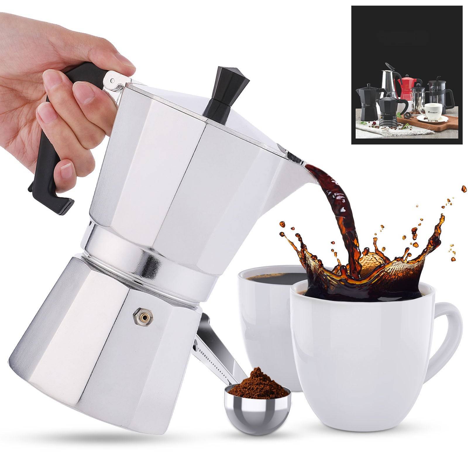 RAINBEAN Stovetop Espresso Maker brewing rich coffee into a white cup. Classic Italian Moka pot design with durable aluminum body for 3 cups.