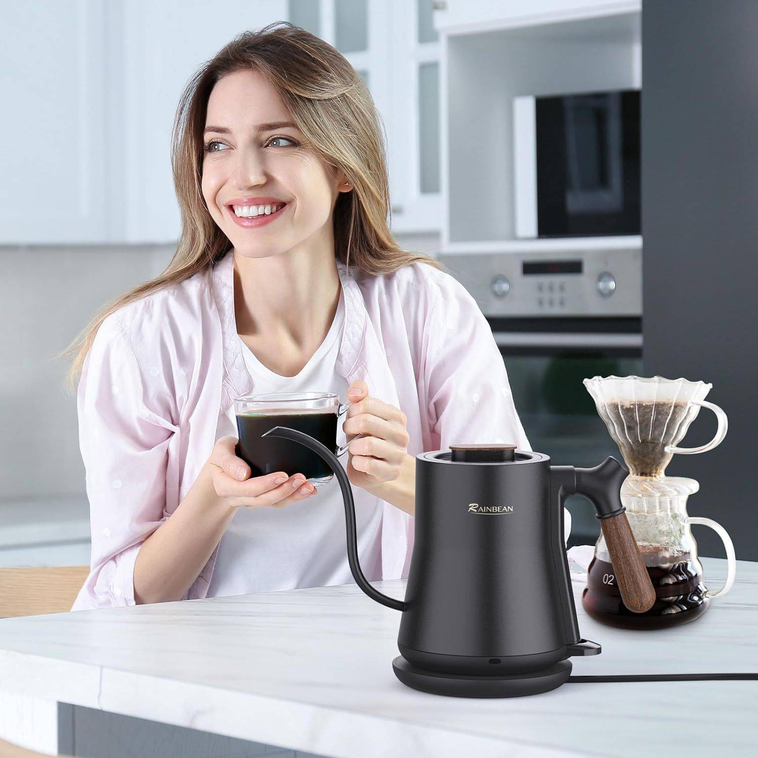 Gooseneck Electric Kettle for pour over coffee with stainless steel body, leak-proof design, and auto shutoff, shown on a kitchen counter in use.
