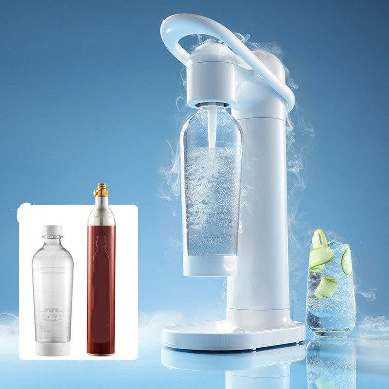 Manual home soda dispenser sparkling machine in white, made of ABS plastic. Ideal for creating refreshing carbonated drinks with included bottle.