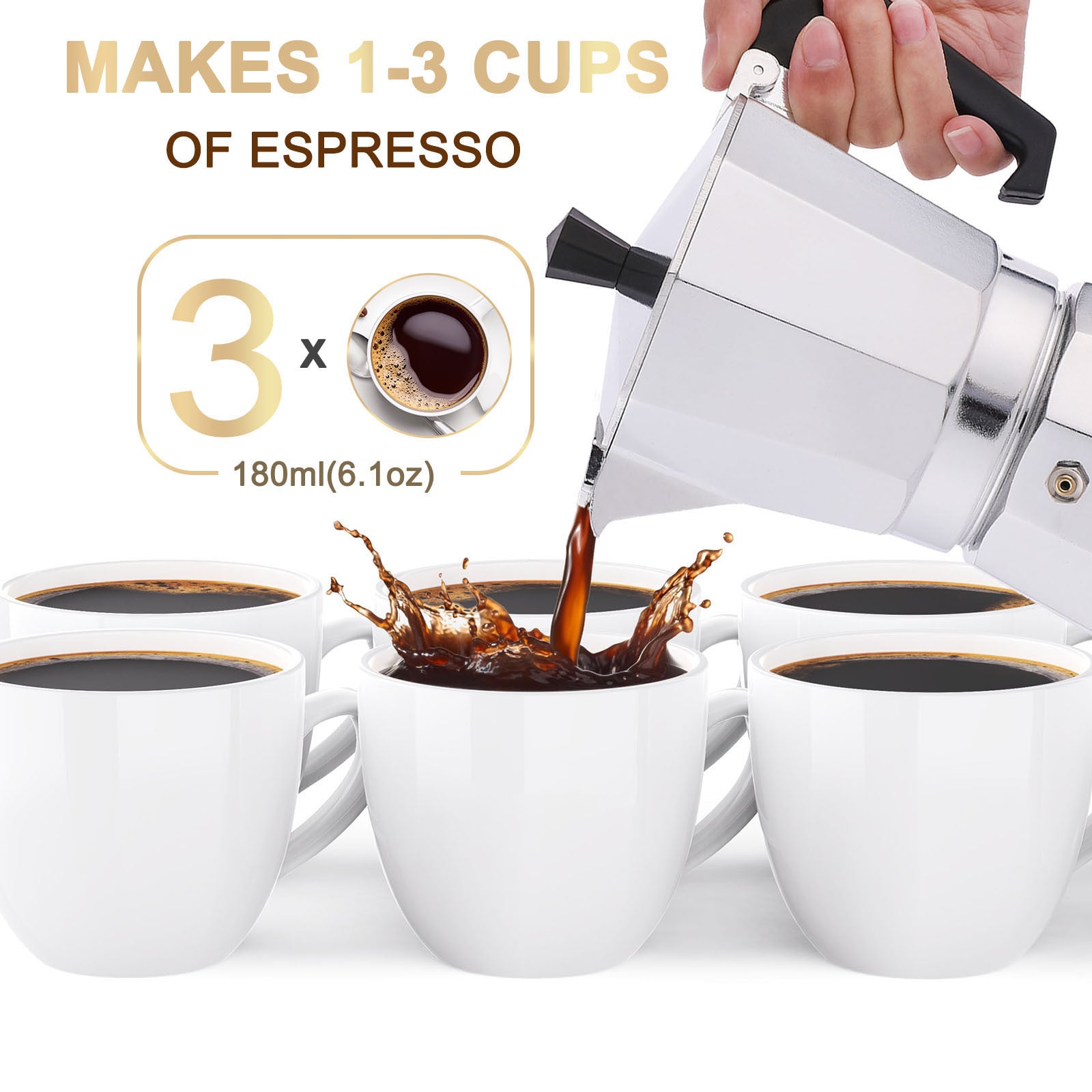 Silver Rainbean 3-Cup Italian Moka Pot – 180 ml Stovetop Espresso Maker